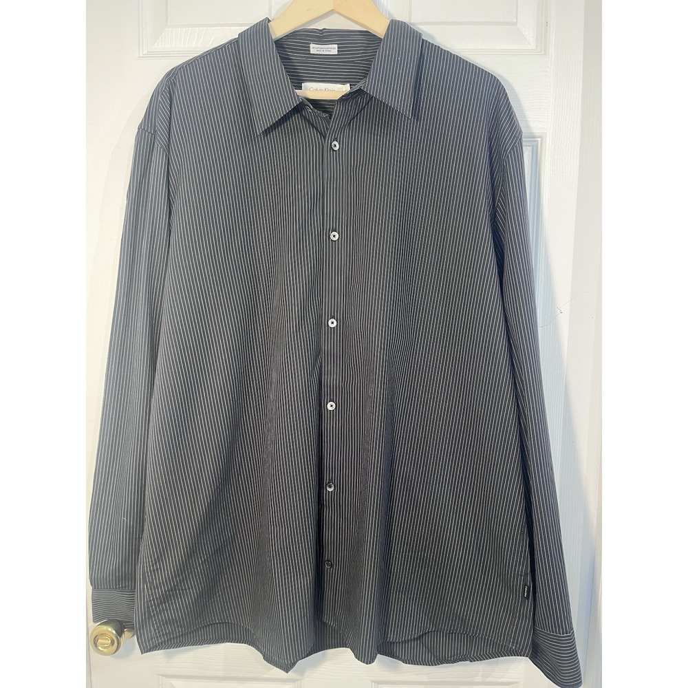 Calvin Klein Mens XXL Black Pinstripe Stretch Dress Shirt Button Up Career